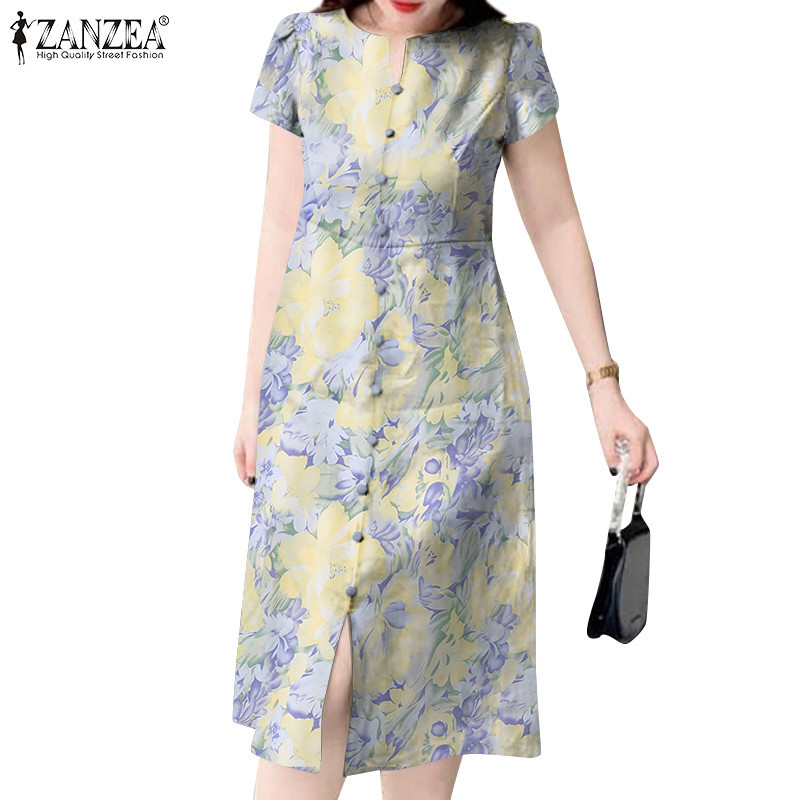 Zanzea ผู ้ หญิงเกาหลีลูกวัวยาวพิมพ ์ ปลอม Placket Slit Side Zip Dresses