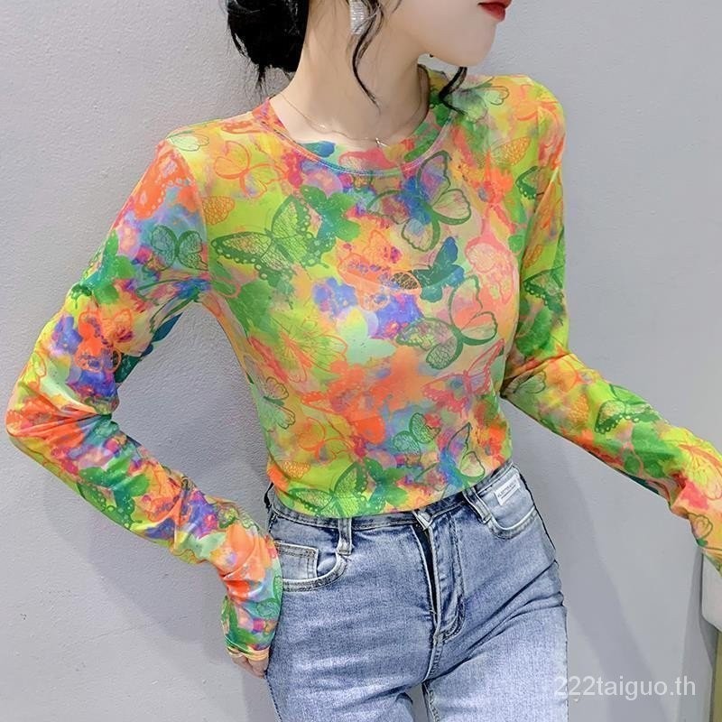ขายร ้ อนบางสีพิมพ ์ เสื ้ อยืดแขนยาวผู ้ หญิงใหม ่ KJHU