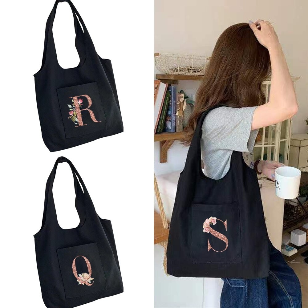 Women's Casual Shopping Bags Black Commuter Bag Rose Gold Series Printed Supermarket Grocery Handbag Tote School Bag