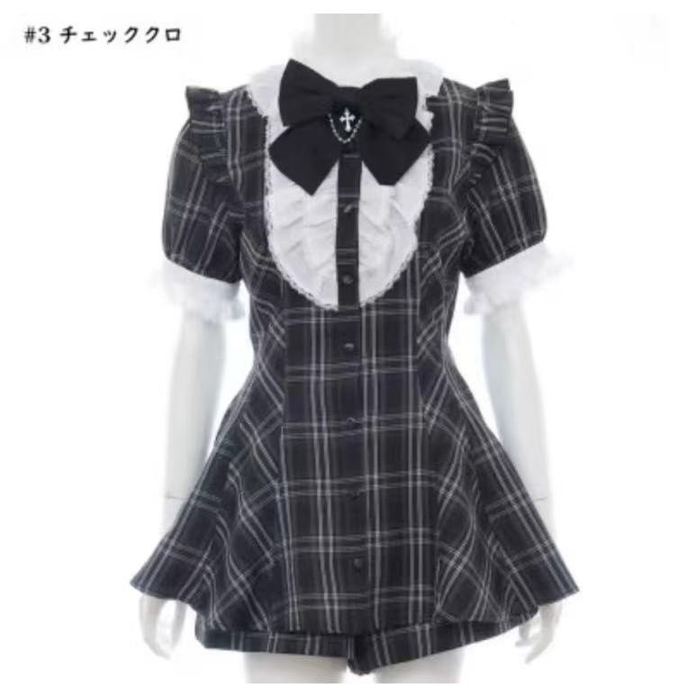 ญี่ปุ่น Lolita ชุดเย็บปักถักร้อยชุดโบว์สั้นสีดําแขนสั้น Jirai Kei Landmine สไตล์ Eulotte สูท