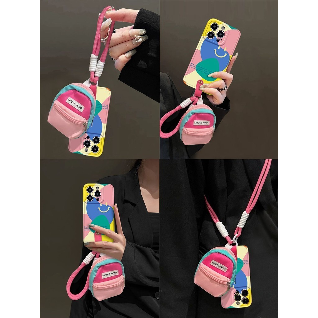 Insสไตล์เรขาคณิตหน้ายิ้มเห็ดกระเป๋าเดินทางเหมาะสําหรับiphone 15Promaxเคสโทรศัพท์Apple 14 13 12 11 XSmax XR 8plus 7ยาวสั้นCross-BodyเชือกHigh-EndบุคลิกภาพซิลิโคนShock-Resistantป้องกันกรณี