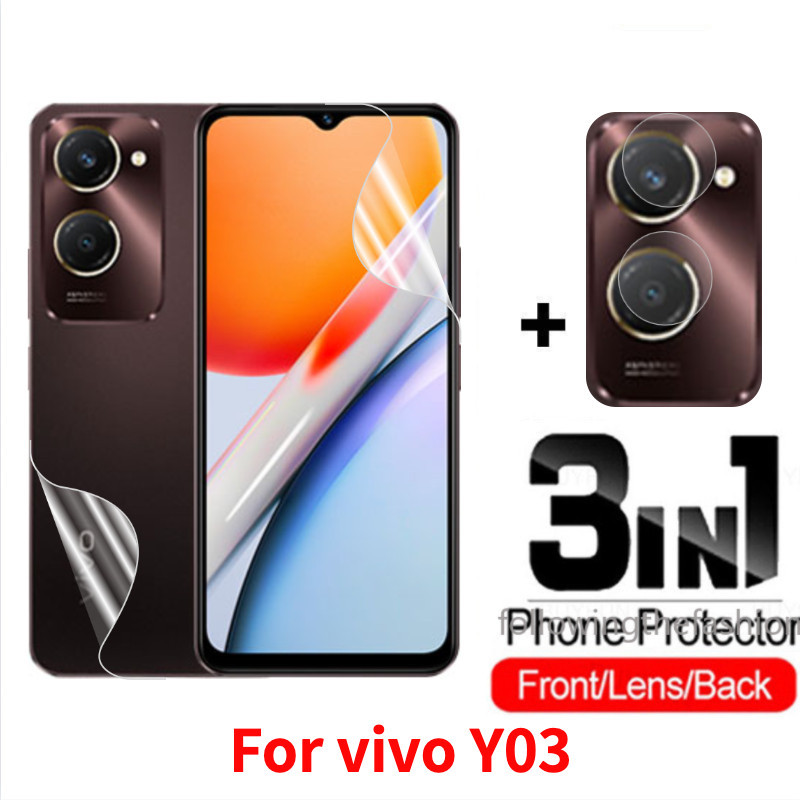 3 in 1 ด้านหน้าและด้านหลังฟิล์มไฮโดรเจลแบบนุ่มสําหรับ vivo Y03 4G Y03t Y18 Y18e 2024 ฟิล์มป้องกันคลุมทั้งหมดใสหน้าจอกล้องเลนส์ป้องกันไม่ใช่กระจก