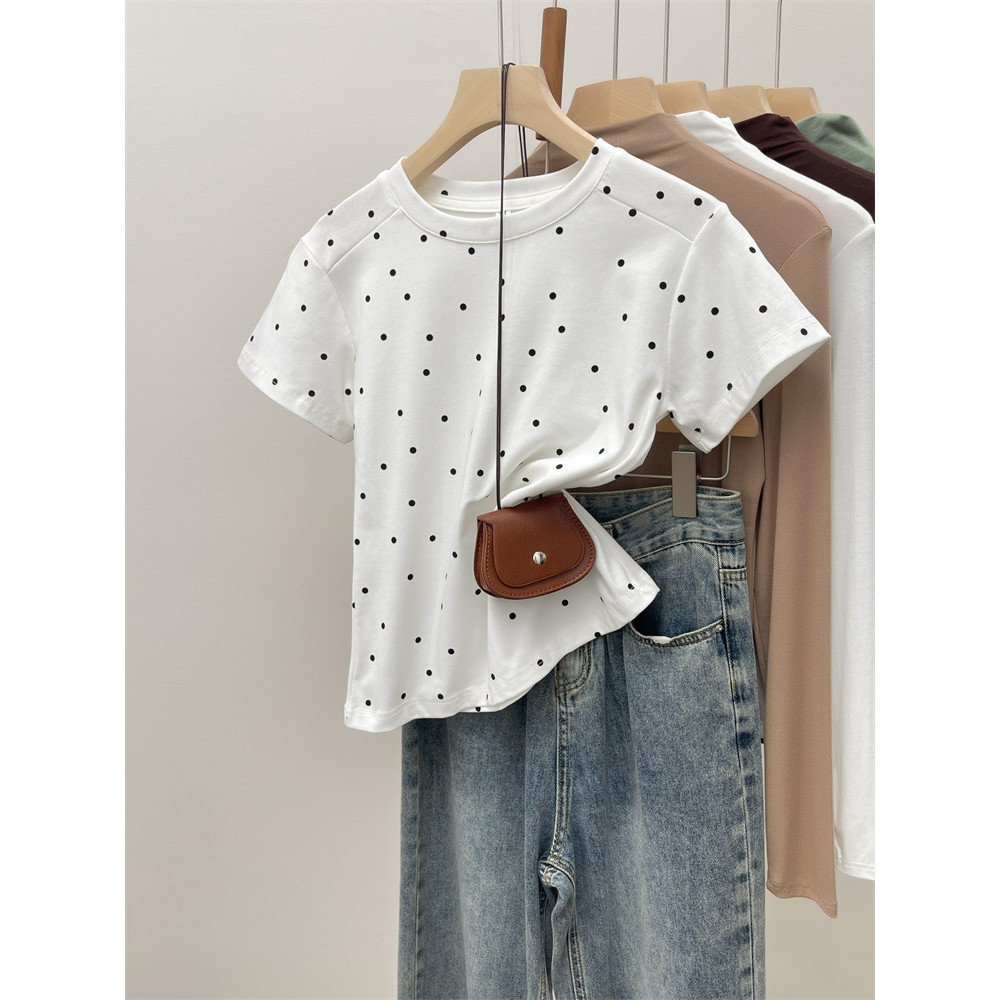เสื ้ อยืดลําลองผ ้ าฝ ้ ายแขนสั ้ นผู ้ หญิง Polka Dot สําหรับผู ้ หญิง