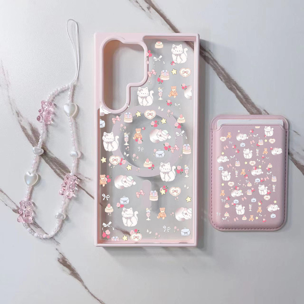 3pcs การ์ตูนแมวกระเป๋าสตางค์สําหรับ Samsung s22 s22plus ultra กรณี Girly S23 S23Plus s23fe s24 s24plus s24ultra ปกหลัง