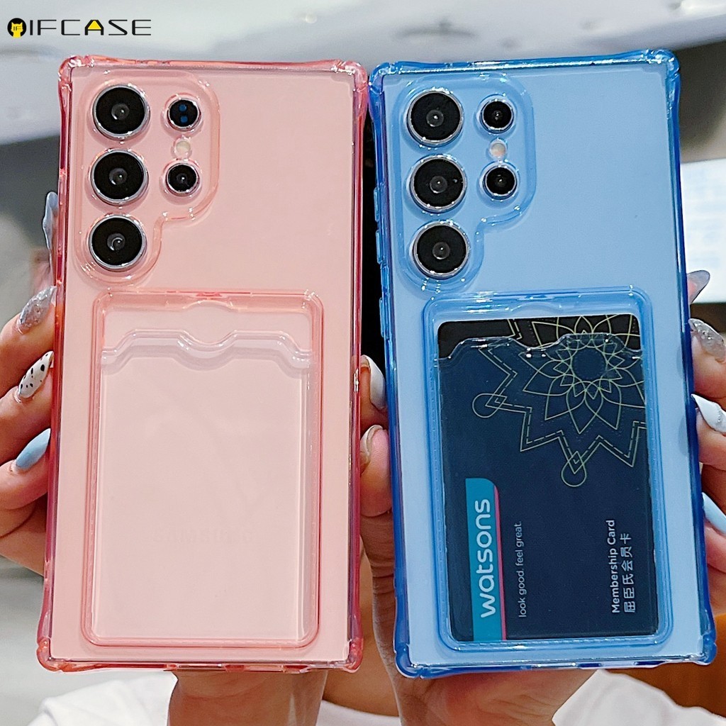 SAMSUNG ผู้ถือบัตรสําหรับsamsung Galaxy S22 S21 Plus Ultra S20 FE S22 + S21 + เคสโทรศัพท์กระเป๋าสตางค์แพคเกจคลิปใส่ภาพการ์ดสีชมพูสีดําโปร่งใสปลอกอ่อนกรณีฝาครอบ