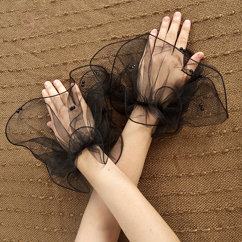 [maybeauty] 1 คู่เล็บ Tulle ปลอมจีบ Cuff พื้นหลังภาพสําหรับเล็บการถ่ายภาพเล็บเคล็ดลับจอแสดงผล Embellish Pearls Tulle Sleeve {TH}
