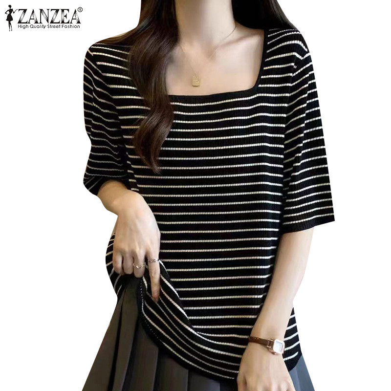 Zanzea เสื ้ อยืดคอกลมทรงสี ่ เหลี ่ ยมทรงหลวมสําหรับผู ้ หญิงเกาหลีทุกวัน 3/4