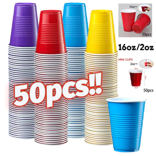พร้อมส่ง มีหลายสีให้เลือก 50pcs แก้วพลาสติกใช้แล้วทิ้ง แก้วเหล้า งานเลี้ยง สีแดง 16oz/2oz