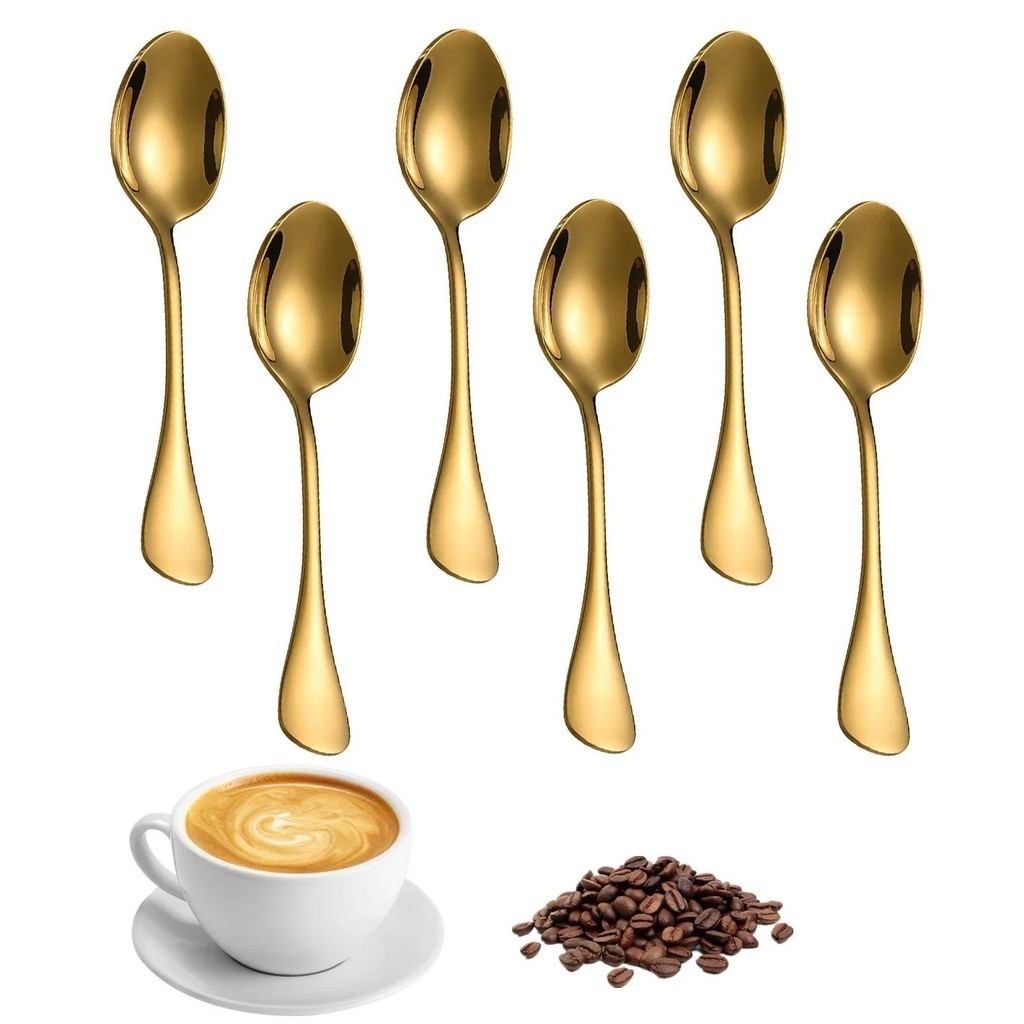 6 ชิ ้ นช ้ อนกาแฟสแตนเลสสําหรับขนมหวานไอศกรีมกวนชาช ้ อนขนาดเล ็ กอุปกรณ ์ ครัว Mini Gold ช ้ อนชุด