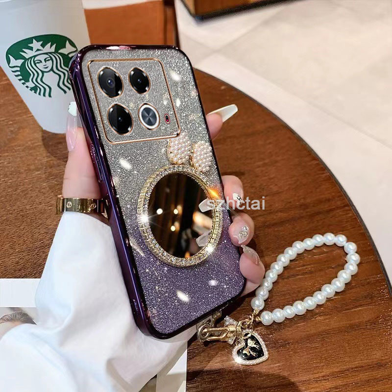 เคส infinix Note 40 Pro Note 30 5G Note 12 G96 Note 12 2023 Note12 Pro 4G Note30 Pro บางเฉียบแฟลชเคลือบโทรศัพท์มือถือกรณีกรณีโทรศัพท์ใสเปลือกหอยมุกโบว์กระจกแต่งหน้ากับสร้อยข้อมือ