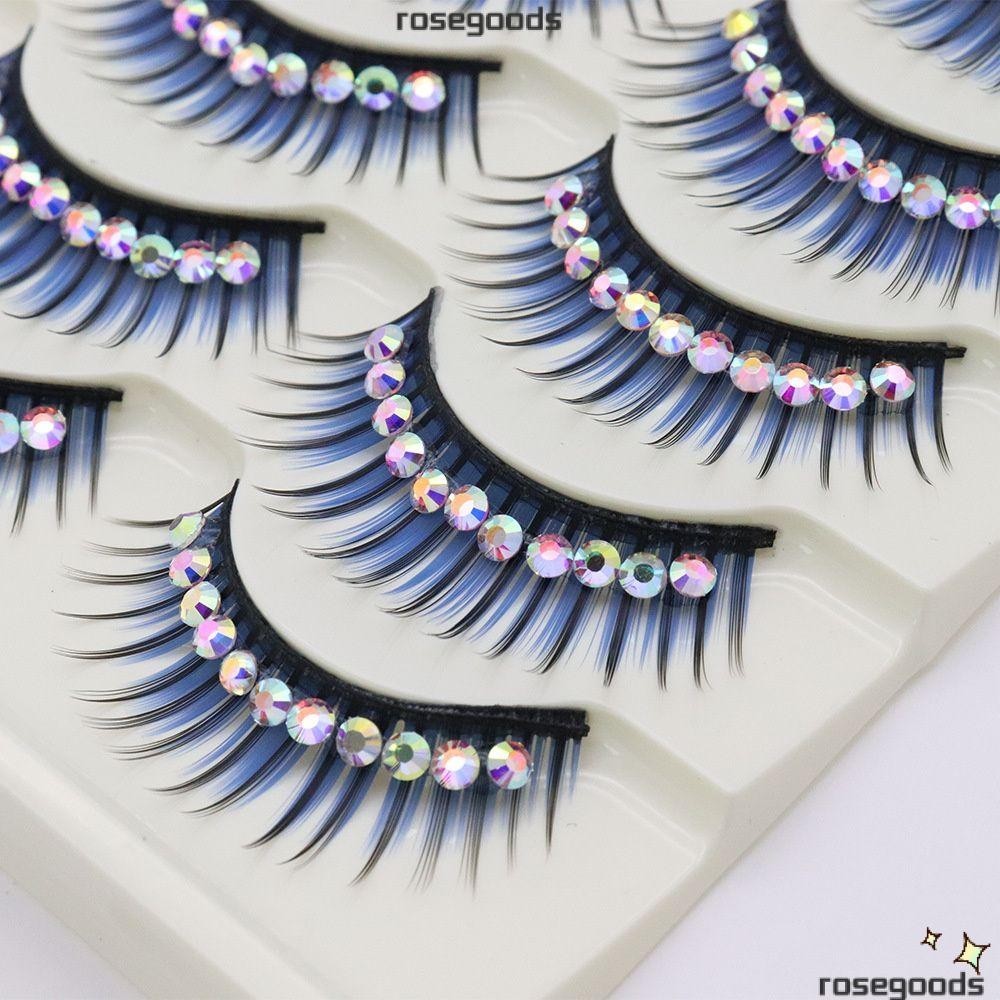 ขนตาปลอม แบบหนาแน่น ประดับเพชร และพลอยเทียม มีสี จํานวน 5 คู่