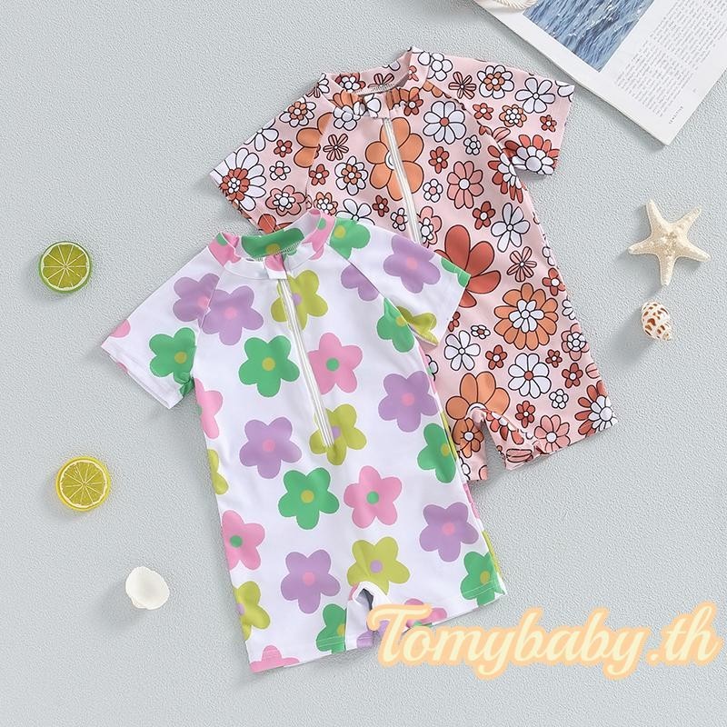 Tomybaby-ชุดว่ายน้ําเด็กผู้หญิงฤดูร้อนดอกไม้พิมพ์แขนสั้นเด็กวัยหัดเดินชุดว่ายน้ํา