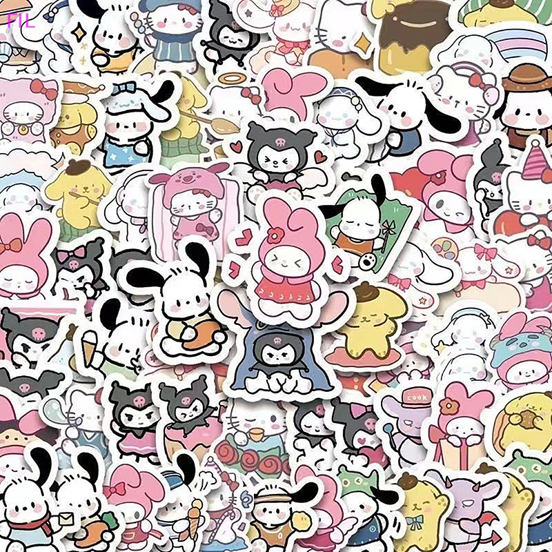 Fil 100 แผ่นสติกเกอร์การ์ตูนน่ารักอะนิเมะสติกเกอร์ My Melody Kuromi สติกเกอร์ตกแต่งสําหรับโน้ตบุ๊คกระเป๋าเดินทางกีตาร์ Decals OP