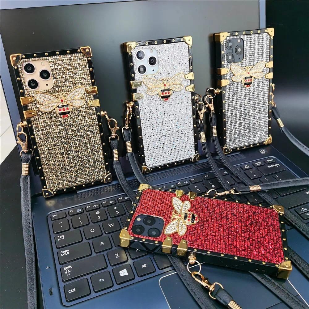 Glitter Bee Rope Lanyard Soft Case สําหรับ Samsung S24 Ultra S23 S22 S21 S20 S10 Plus Note 20 10 9 S23fe S21fe S20fe