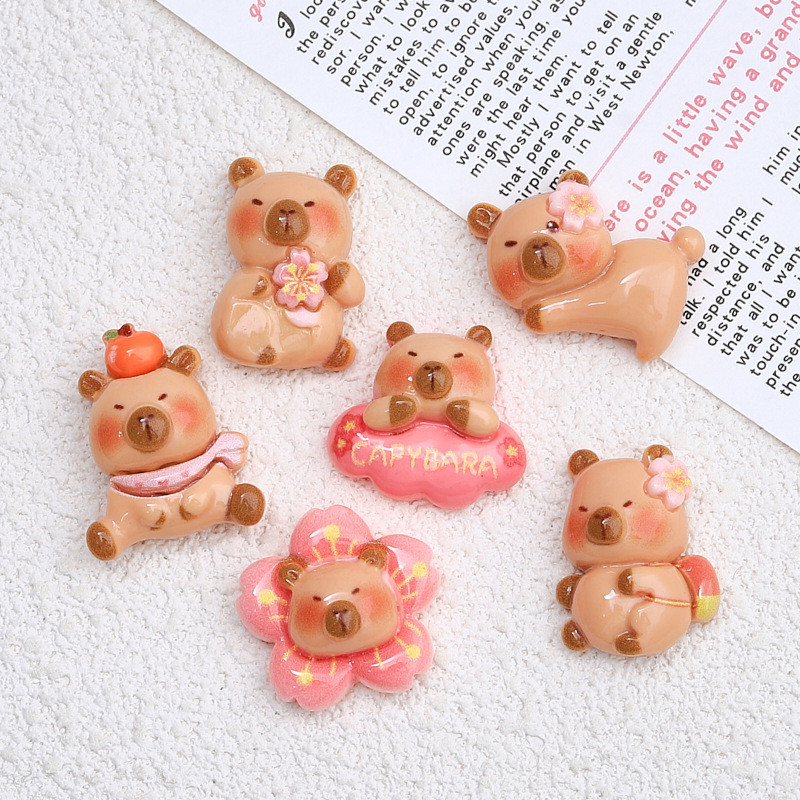 Kapibara Capybara เรซิ่นอุปกรณ์เสริมครีมกาว diy Handmade Hairpin Hole รองเท้าหัวเข็มขัดเครื่องประดับตกแต่งการ์ตูนน่ารัก Cherry Blossom Kapi