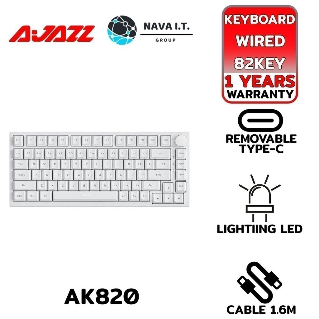 มีส่งด่วน AJAZZ AK820 WHITE BLUE SWITCH WHITE BACKLIT MINIMAL 82KEY WIRED MECHANICAL KEYBOARD ประกันสิ...