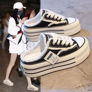 ผ้าใบ Baotou รองเท้าแตะครึ่งผู้หญิงสไตล์ใหม่หนา Soled สวมใส่ด้านนอกคนขี้เกียจไม่มีส้นด้านในเพิ่มความสูงสีขาว