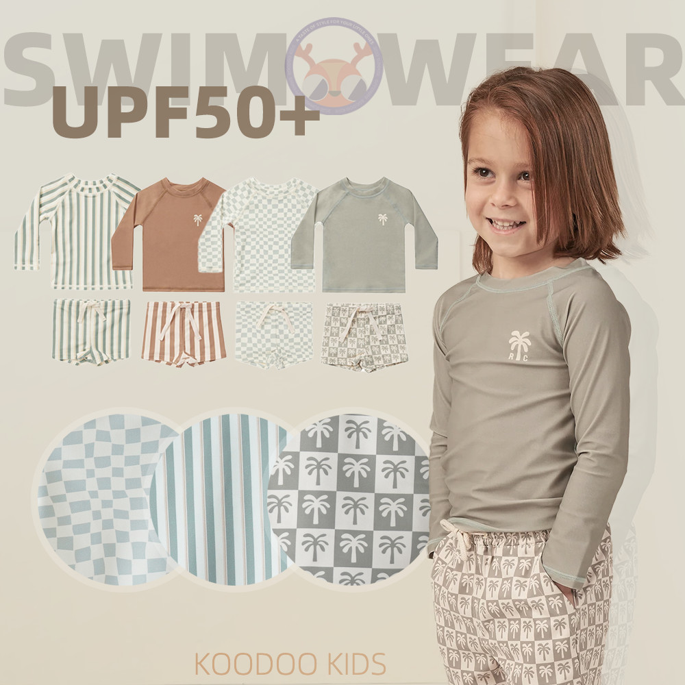 ชุดว่ายน้ำเด็กชาย UPF50+ เสื้อแขนยาวสองชิ้นพร้อมหมวก ป้องกันรังสี UV แห้งเร็ว