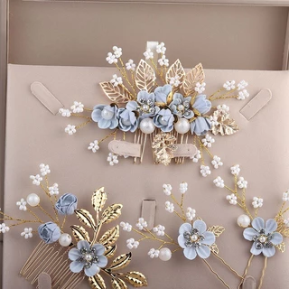 Handmade ดอกไม้ Hairpin Headdress ด้านข้างหวีผู้หญิง Golden Leaf รูปงานแต่งงาน Headpiece