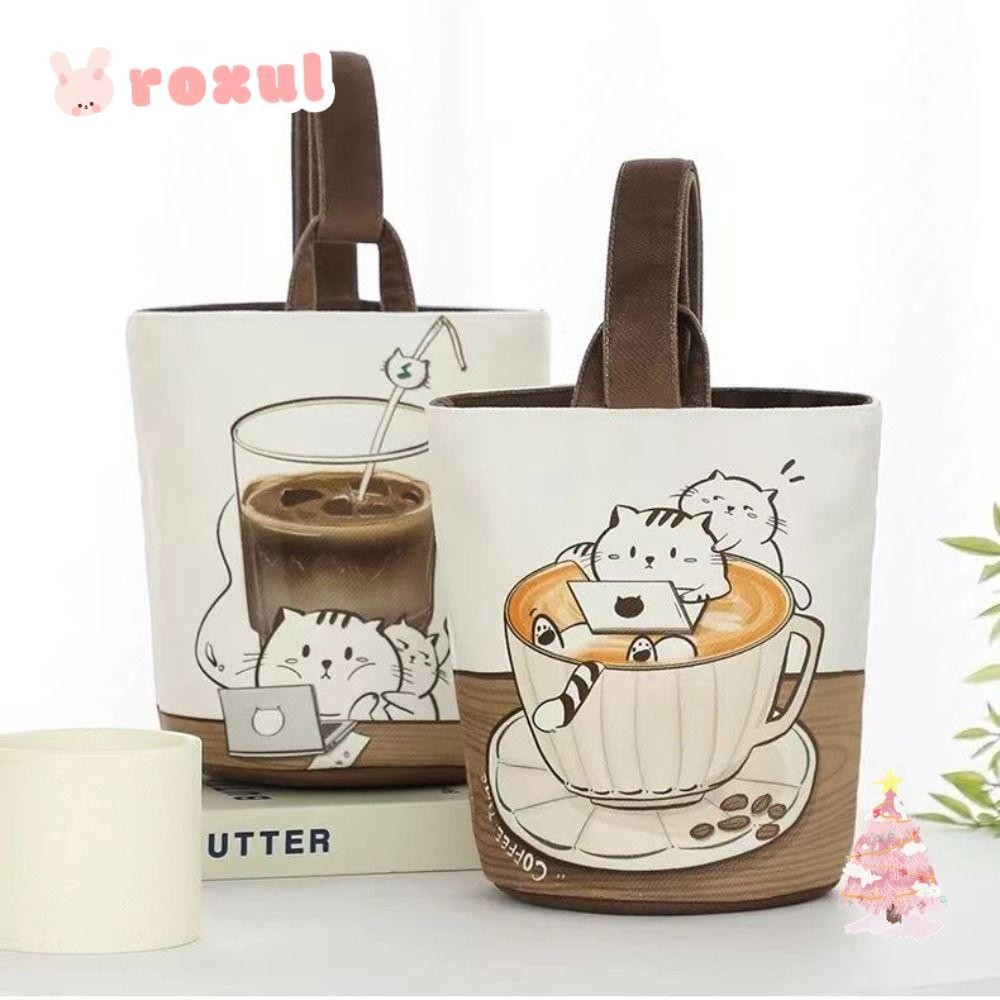 Roxul กระเป๋าทรงกระบอก,กระเป๋าถังแมวกาแฟความจุขนาดใหญ่แบบพกพา,กระเป๋าโท้ทแคนวาพิมพ์ลายการ์ตูน