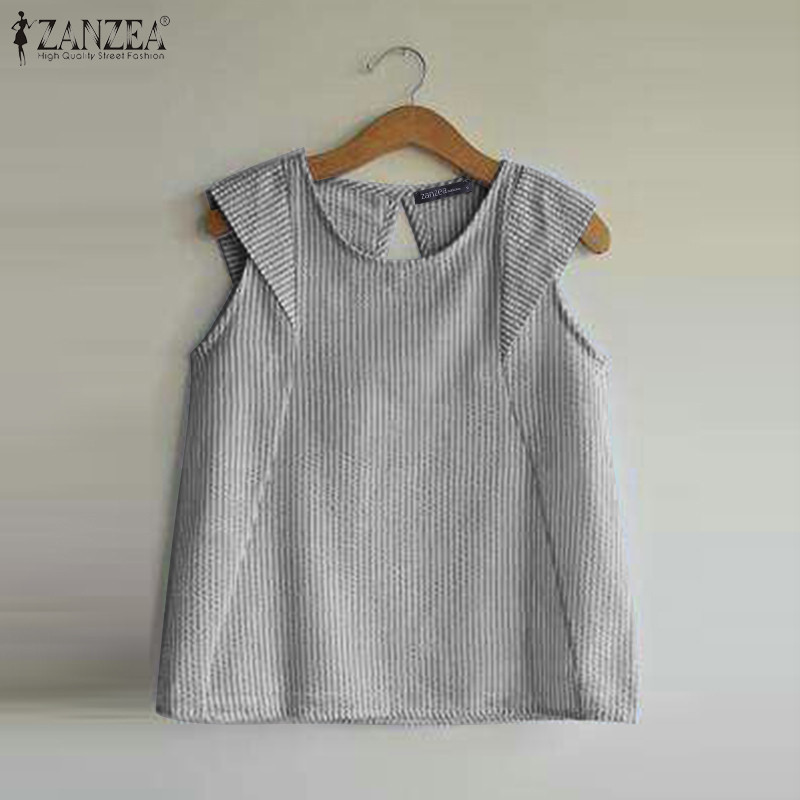 ZANZEA ใส่ ซานเซีย ผู้หญิงเกาหลีสบายๆ โอ-คอปุ่มแขนกุดลายหลวมถัง