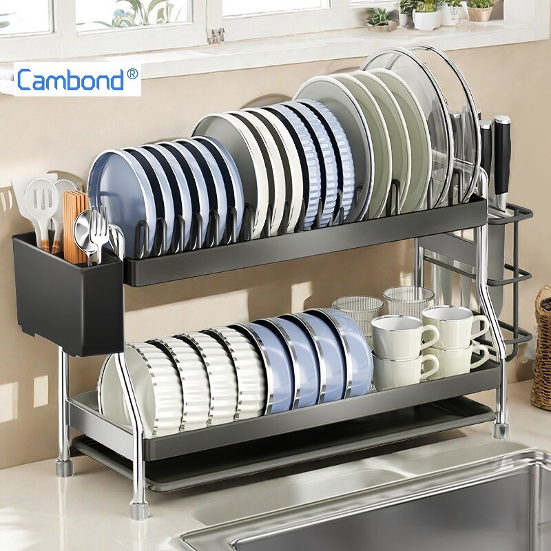 Cambond ชั้นวางจานสแตนเลส ที่คว่ำจานชาม ชั้นเก็บของในครัว ความจุขนาดใหญ่ กันเลื่อน