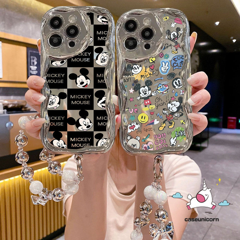 หรูหรา 3Dหยักขอบโค้งชุบสําหรับIPhone 7Plus 15 11 13 14 12 Pro Max XR 6s 15 7 8 6 Plus X XS Max SE 2020 การ์ตูนอินเทรนด์Mickey Checkerboardน่ารักDoodleกรณี