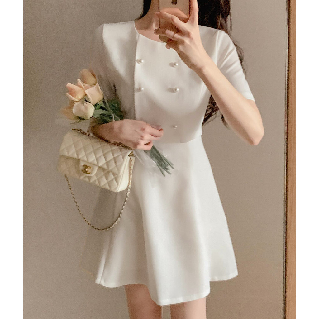 Lovito เดรสผู้หญิง มีกระดุม สีพื้น สไตล์หรูหรา L91AD293