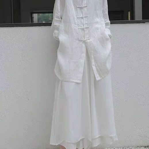 ปุ่มแผ่นดิสก์ เสื้อเชิ้ตสไตล์ ฮันฟู [เซน] กลางความยาวสันทนาการผู้หญิงสั่งซื้อหนึ่งเสื้อเชิ้ตสีขาวหลวมโฮมเมดชาขาว