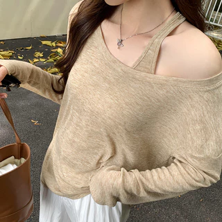 Suxi Minimalist Halter 2 ชิ้นชุดเสื้อยืดแขนยาวครีมกันแดดเสื้อหลวม 240703