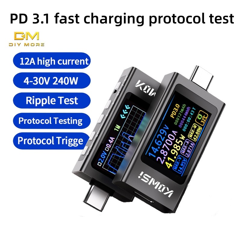 Diymore KWS-X1 DC 3.3-36V 0-12A HD จอแสดงผล IPS ประเภท C เครื่องตรวจจับแรงดันไฟฟ้าและปัจจุบัน เทอร์มินัลการสื่อสารมือถือ Fast Charge Trigger