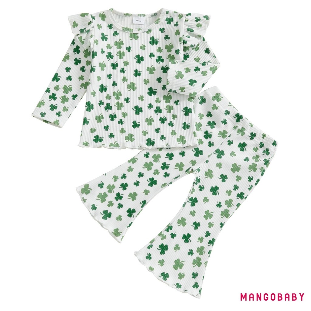 Mg-toddler Girls Irish Set Clover Print Ruffled Trim Long Sleeve Round Neck Tops Flare Pants Ribbed 