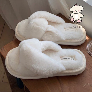 Xixtiao รองเท้าแตะผ้าฝ้ายแฟชั่น PPR Simple Cross สีทึบ One-word หญิงฤดูใบไม้ร่วงฤดูหนาว Leisure บ้านในร่ม Warm Plush