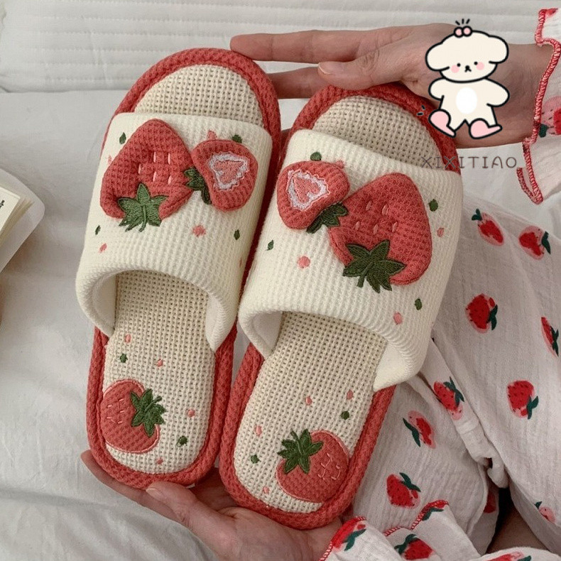 Xixitiao Hemp รองเท ้ าแตะ Four Seasons Sweet Strawberry Soft Sole Home Mute Flat Sole หญิง