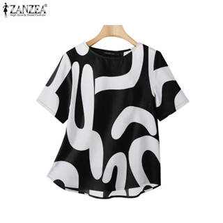 ZANZEA ซานเซีย ผู้หญิงเรขาคณิตพิมพ์ครึ่งแขนรอบคอเสื้อลําลองท…