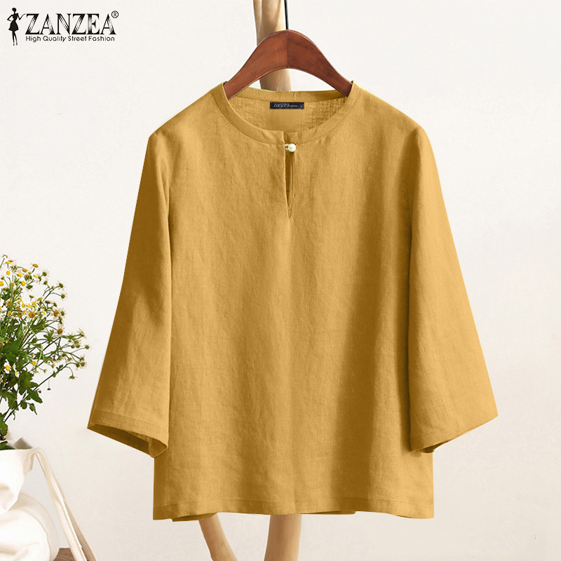 ZANZEA ซานเซีย ผู้หญิงเกาหลีวินเทจรอบคอ กรีด ออกแบบ3/4แขนเสื้อแข็ง — صورة 5