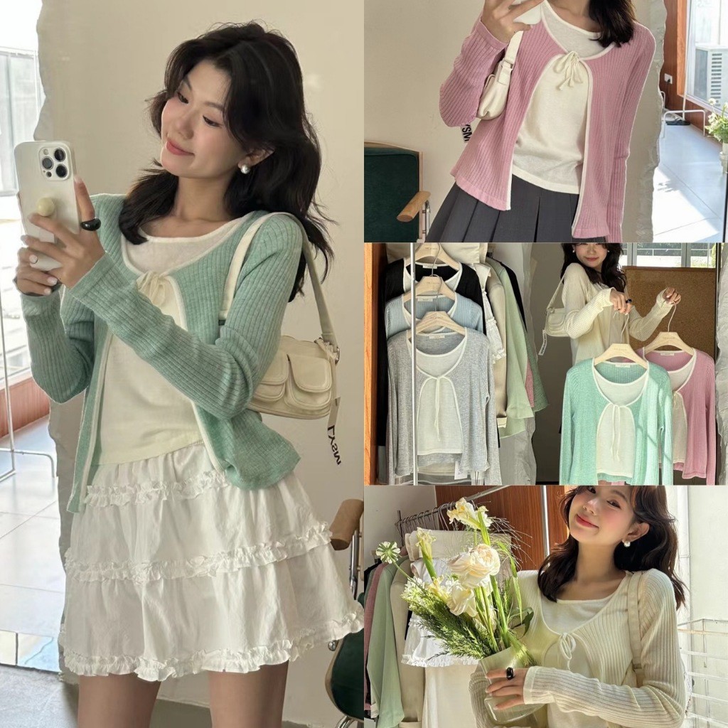 🤎 🇰🇷 8207 เสื้อแขนยาวนิ่ม ร่องใหญ่ งานแต่งผ้าสีขาวด้านใน(เย็บติด) แฟชั่นเกาหลี TAG KOREA 🤎🤎