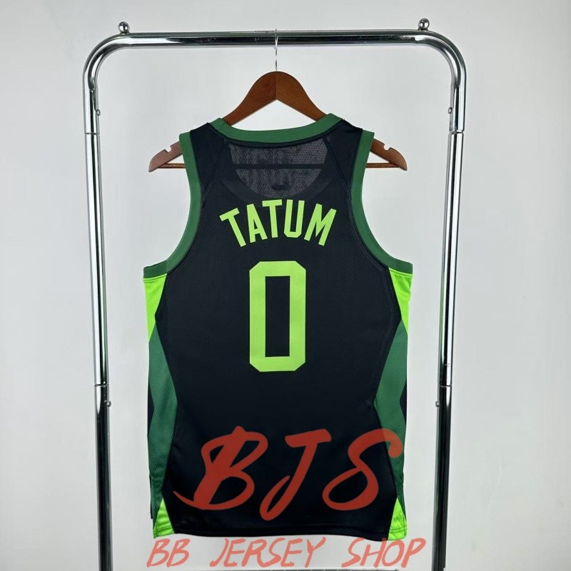 #0 Jayson Tatum Jersey Mens Jersey แฟชั่น Breathable Quick-Drying เสื้อยืดสีดําเรืองแสงสีเขียวรอบคอเ