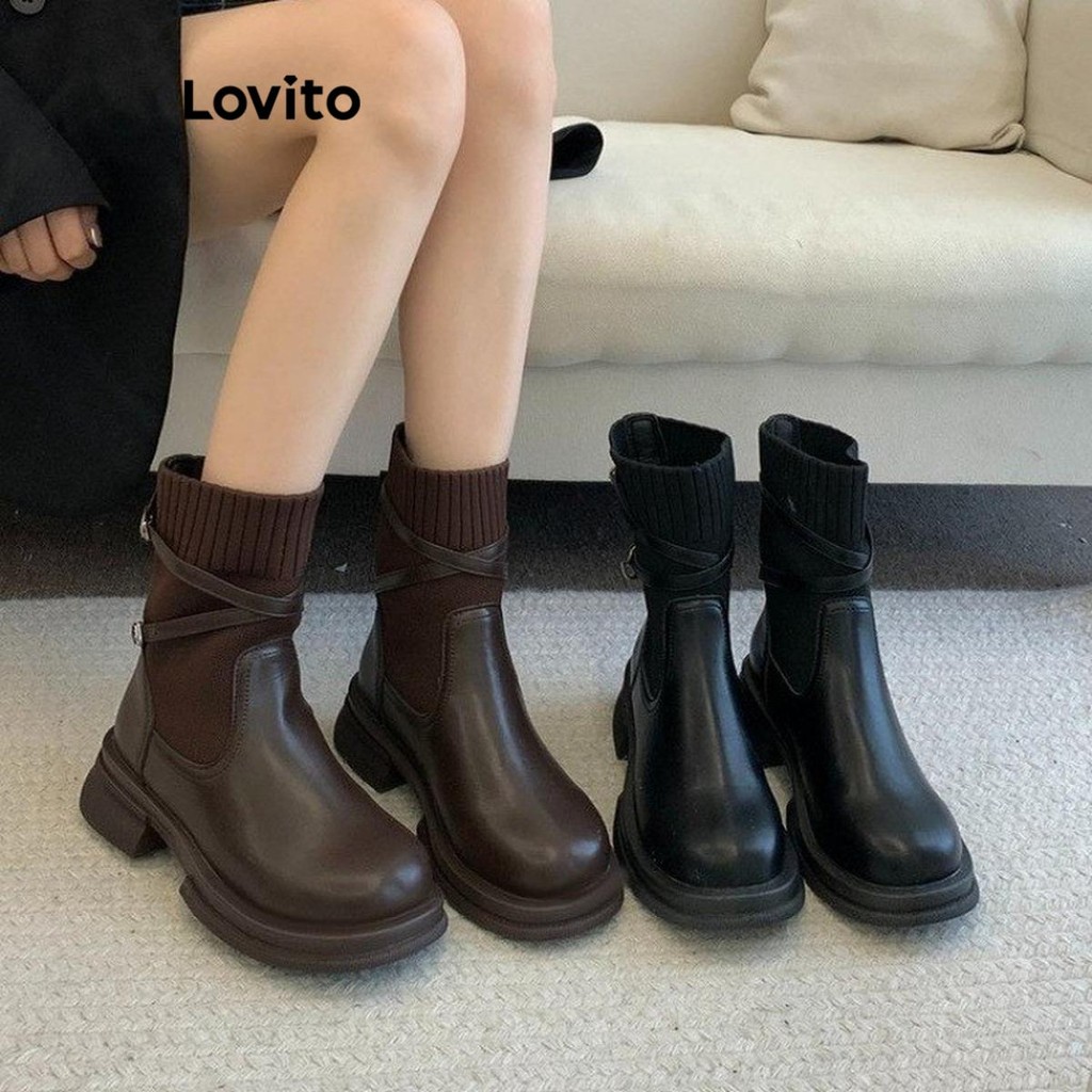 Lovito รองเท้าบู๊ทมาร์ตินพื้นหนาสไตล์อังกฤษสุดคลาสสิกสำหรับผู้หญิง LFA55347