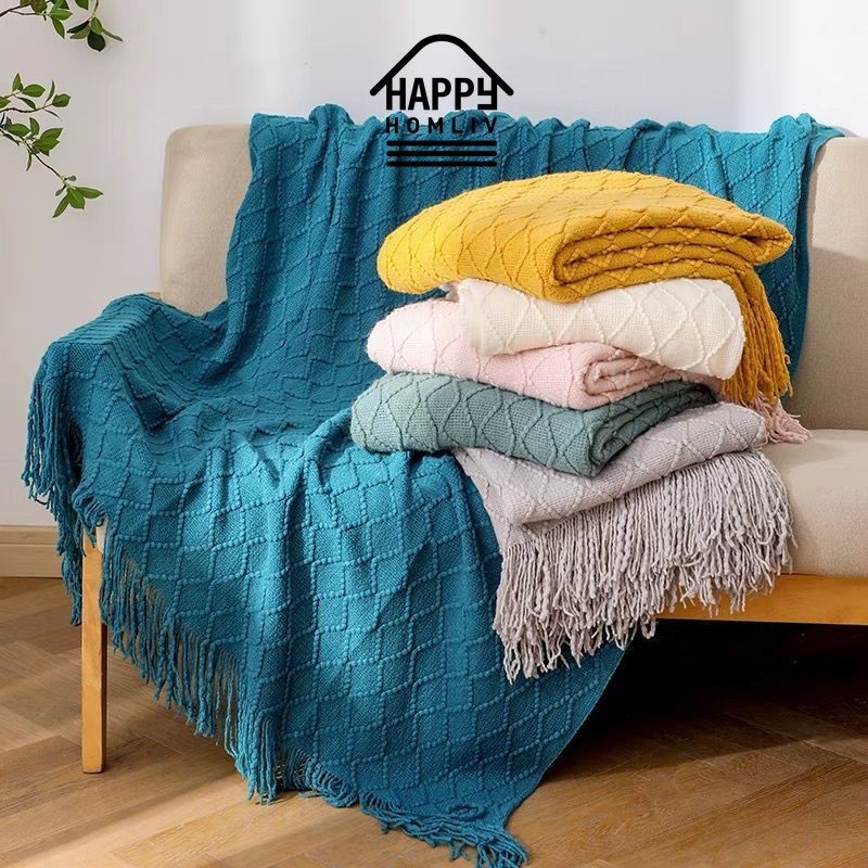 Happy HOMLIV Jacquard พู่ตกแต่งข้างเตียงผ้าเช็ดตัว B & B ตกแต่งผ้าห่มถักด้วยมือผ้าห่มเตียงโซฟาผ้าห่ม