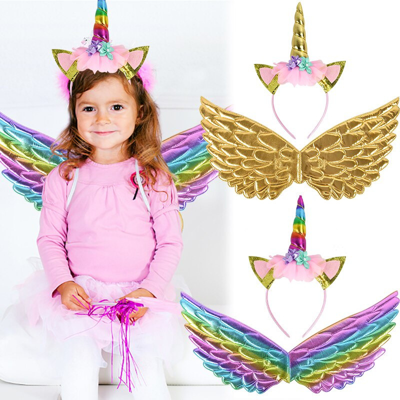 ดอกไม้หูแมวน่ารัก Hairband เด็กยูนิคอร์นแถบคาดศีรษะ Rainbow Wings สําหรับเด็ก Photo Props วันเกิดอุป