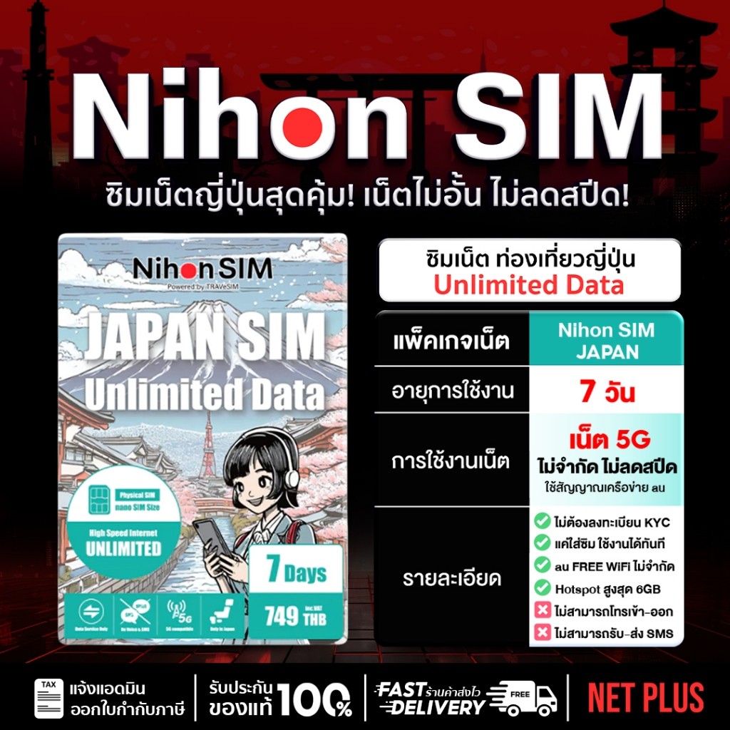 ซิมเที่ยวญี่ปุ่น เน็ตไม่อั้น ไม่ลดสปีด Wi-Fi Spot Unlimited Simtravel japan 7Days Unlimited Data Nih
