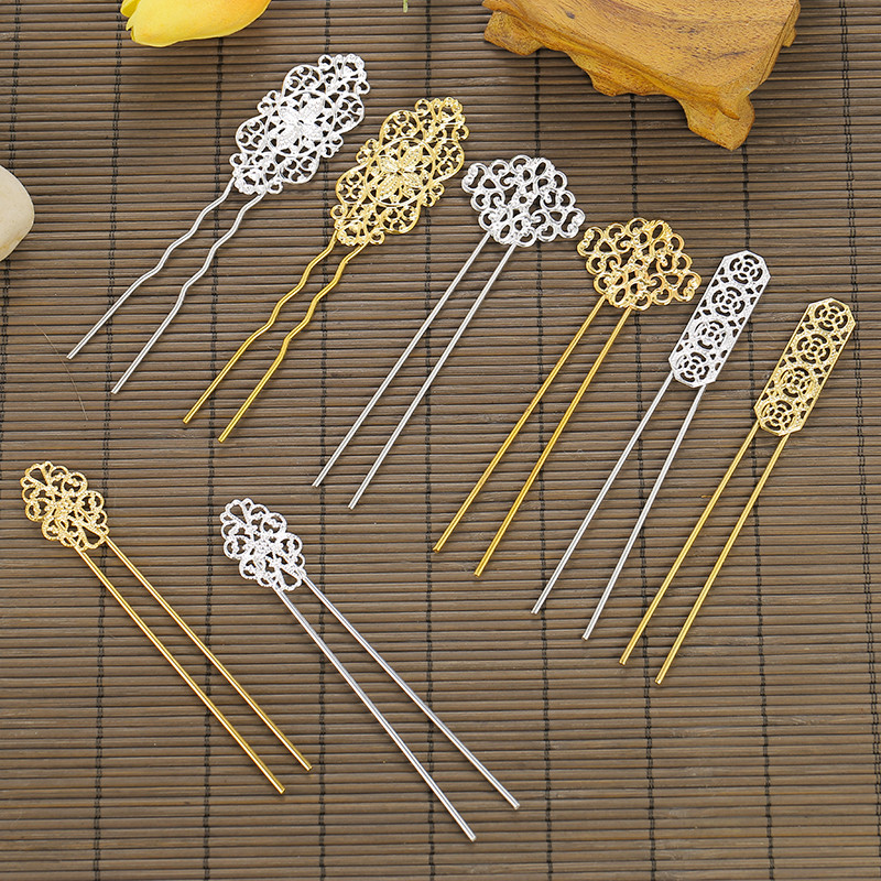 ปิ่นปักผมสไตล์โบราณ DIY อุปกรณ์เครื่องประดับที่เก็บสี วัสดุเหล็ก 110 มม. ปิ่นปักผมตรงคู่ ชิ้นดอกไม้เหล็กเชื่อม
