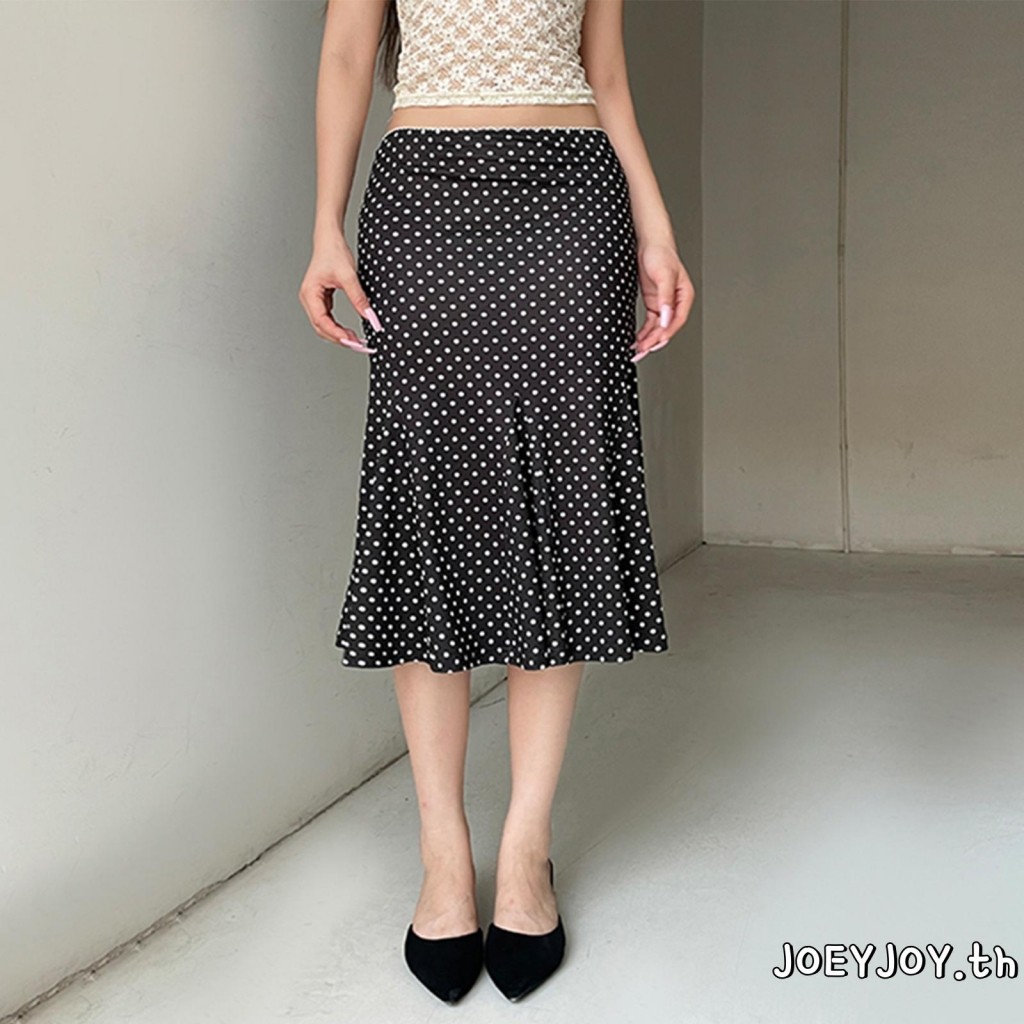 Joeyjoy-กระโปรง Midi แฟชั่นสําหรับผู้หญิงพิมพ์ลายจุดกระโปรงลําลองฤดูร้อนเอวต่ํา
