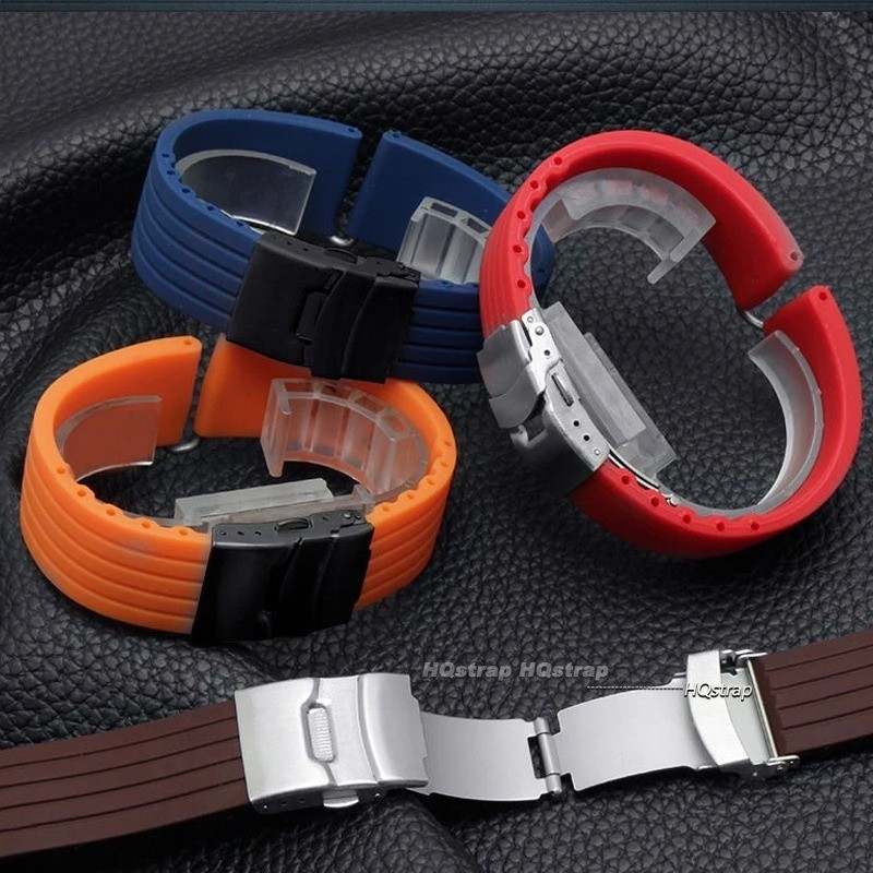 สายนาฬิกาข้อมือซิลิโคน 18 มม. 20 มม. 22 มม. 24 มม. สีดํา ทอง กันน้ํา แบบเปลี่ยน สําหรับผู้ชายและผู้หญิง