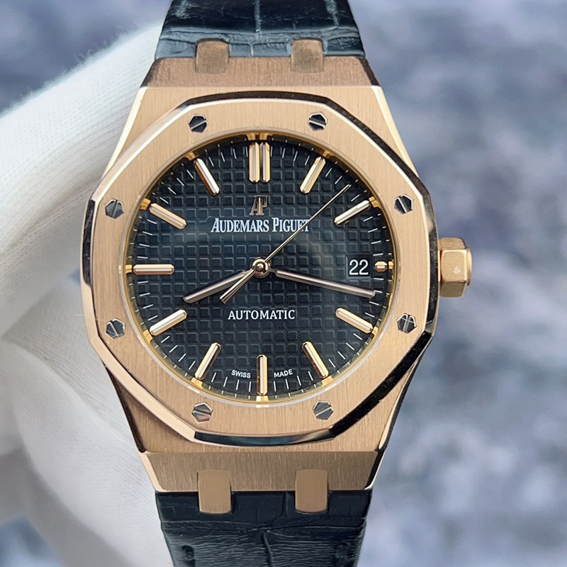 Aibi Royal Oak 15450OR นาฬิกาข้อมืออัตโนมัติ หน้าปัดสีดํา 18K สีโรสโกลด์ 37 มม.