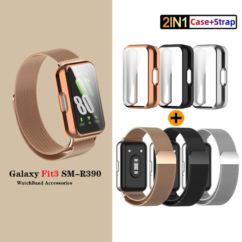 สําหรับ Samsung Galaxy Fit 3 สายรัด + เคส Milanese สเตนเลส หัวเข็มขัดแม่เหล็ก สําหรับ Galaxy Fit3 SM-R390 สร้อยข้อมือข้อมือ