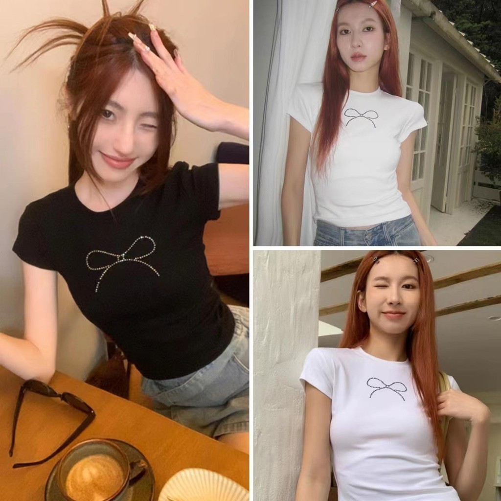 cherryshop พร้อมส่ง Y2K CROP TOP ครอปรัดรูป เสื้อยืดแขนสั้นคอกลมผู้หญิงสีขาว เสื้อครอปสั้นดัดโบว์เซ็กซี่ ทรงเข้ารูป