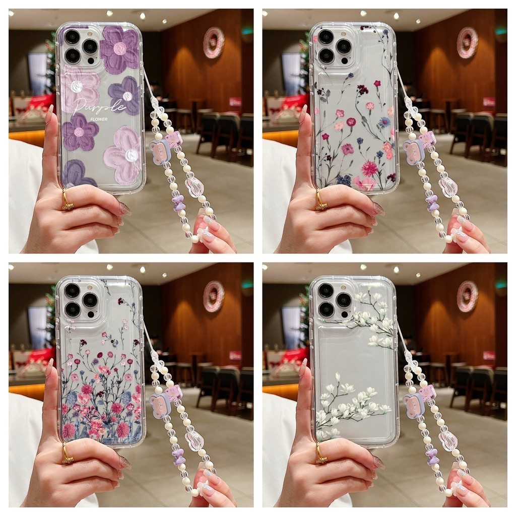 เคสนิ่มทีพียู for iPhone 16 11 13 14 15 12 Pro Max 6 7 8 Plus X XS SE ซิลิโคนนุ่มโปร่งใสกันกระแทกปกหลังพร้อมสร้อยข้อมือ