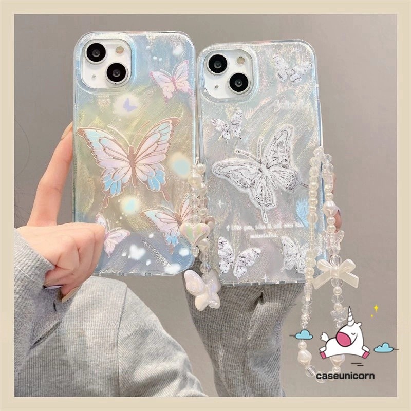 เคสโทรศัพท์มือถือ ลายการ์ตูนผีเสื้อ พร้อมสายคล้องมือ ประดับไข่มุก สําหรับ Samsung A14 A05s A51 A13 A12 A05 A52 A02s A53 A54 A21s A03s A04 A34 A31 A04s A52s A30 A50S A20S A32 A11 A30s A23 A04E A10s A24